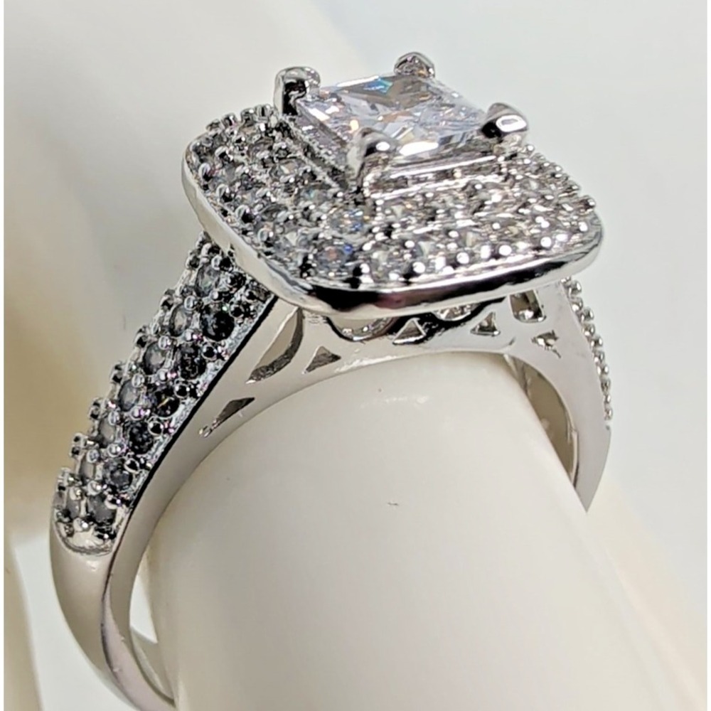 S925 Sterling Silver CZ Double Halo Princess Engagement Ring Size 8.25